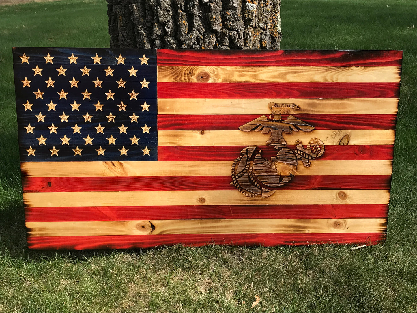 Special American Wooden Flag Marine Corps Emblem Charred Rustic Decor