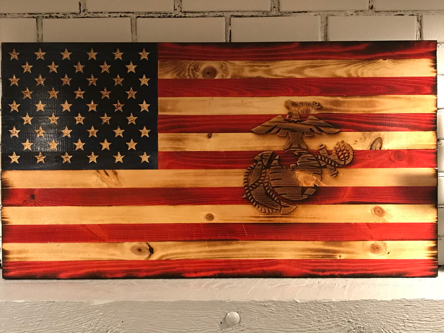 Special American Wooden Flag Marine Corps Emblem Charred Rustic Decor