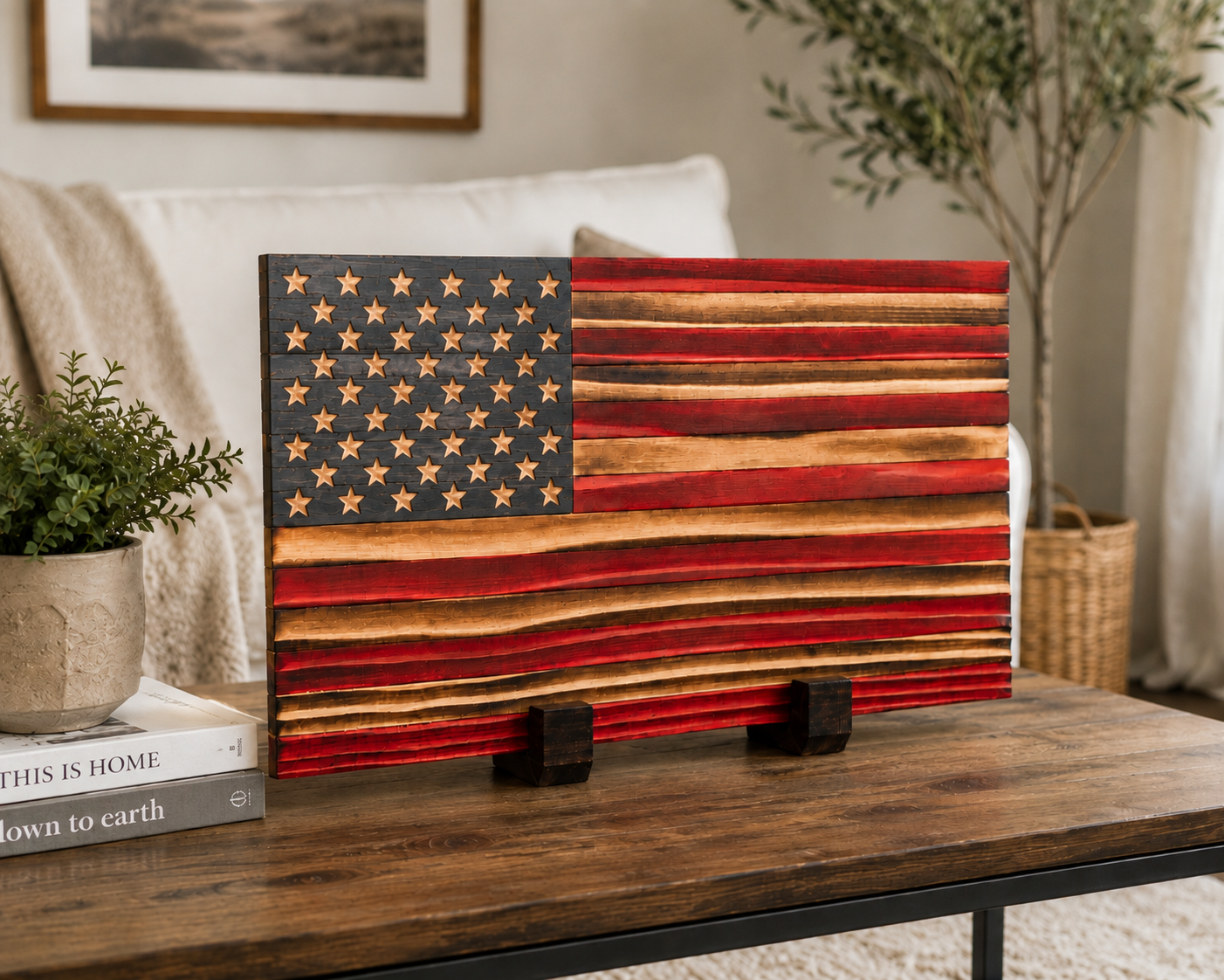 Tabletop Wooden American Flag – Rustic Handcrafted American Flag Decor | Patriotic Home & Office Decor