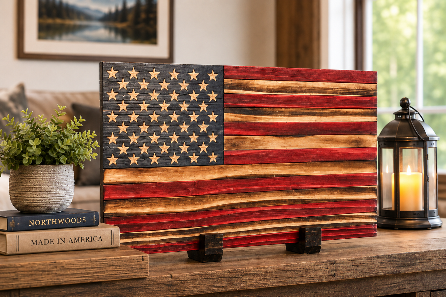 Tabletop Wooden American Flag – Rustic Handcrafted American Flag Decor | Patriotic Home & Office Decor