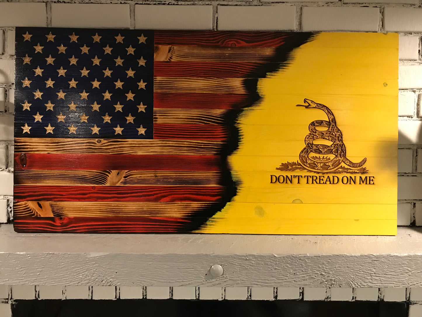 Wooden Gadsden Flag, Wooden Don't Tread on Me/USA flag, Rustic Wall Art. Wooden American Flag