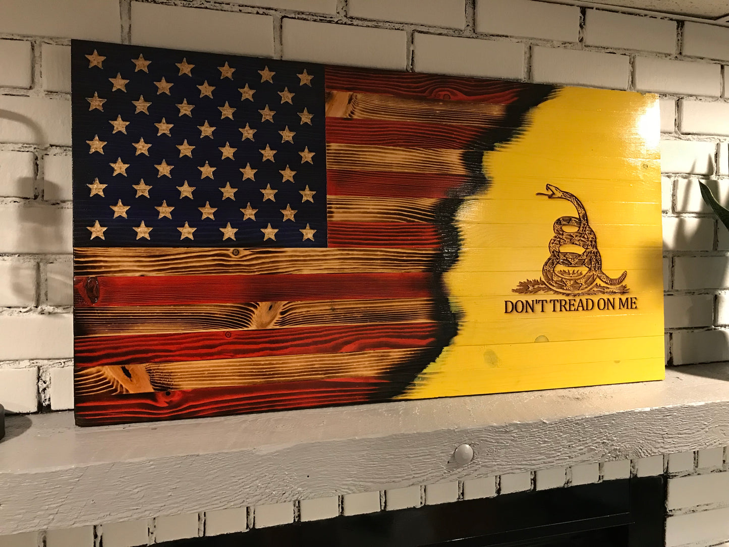 Wooden Gadsden Flag, Wooden Don't Tread on Me/USA flag, Rustic Wall Art. Wooden American Flag