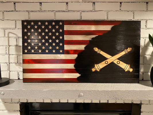 Charred Artillery American Wooden Flag, Red, White and Blue Rustic