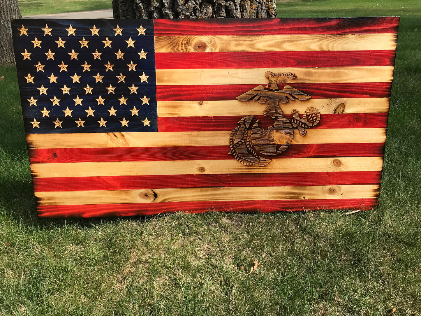 Special American Wooden Flag Marine Corps Emblem Charred Rustic Decor