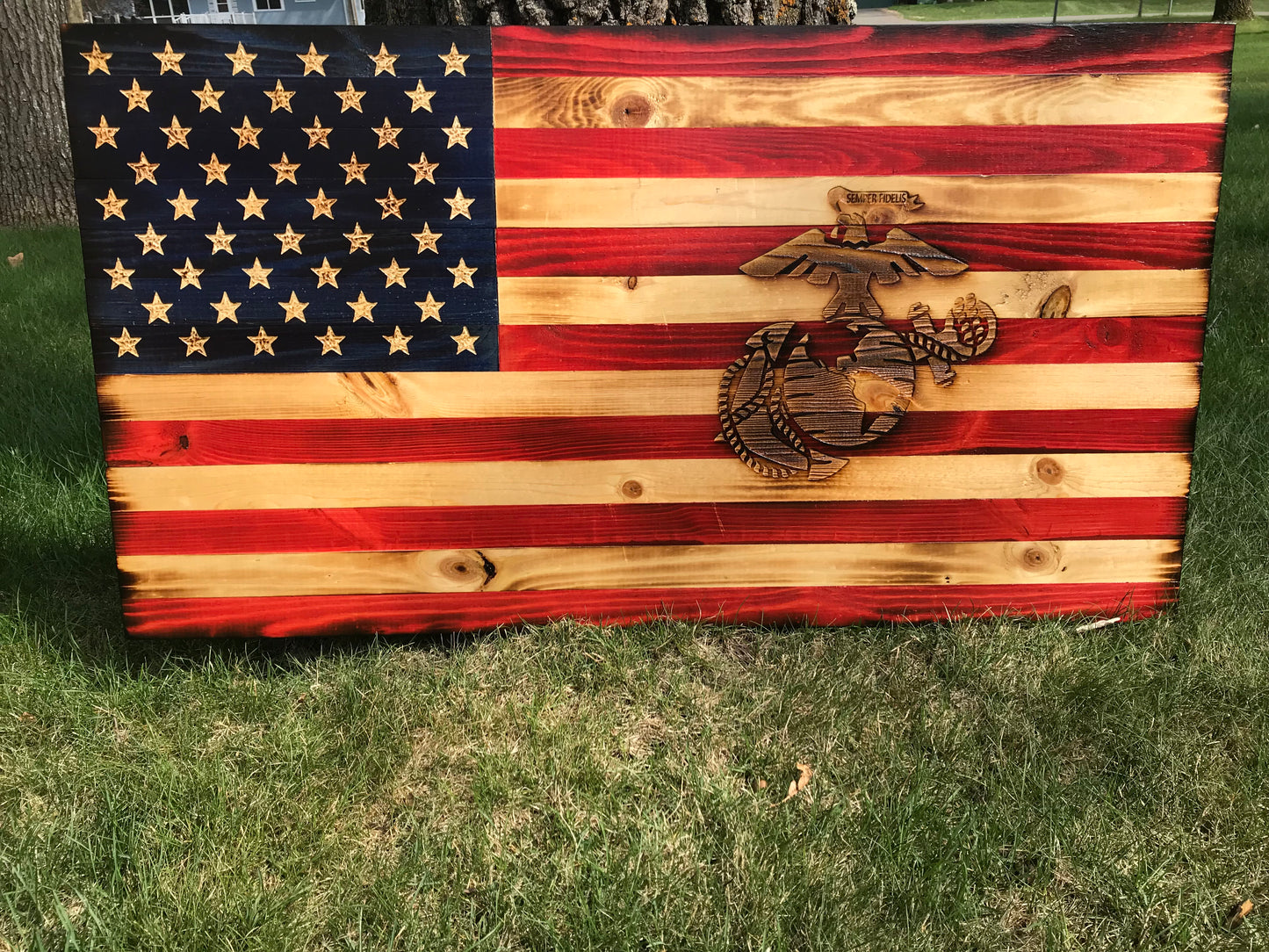 Special American Wooden Flag Marine Corps Emblem Charred Rustic Decor