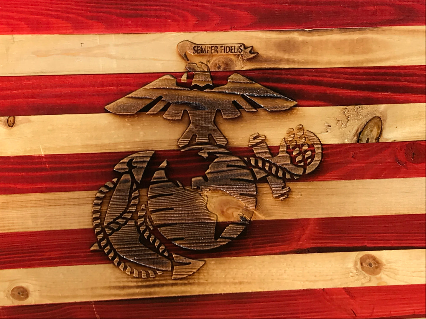 Special American Wooden Flag Marine Corps Emblem Charred Rustic Decor