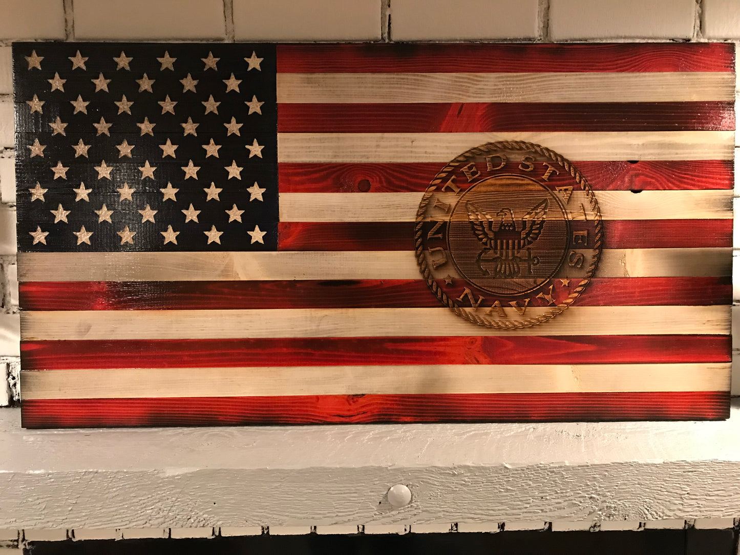 American Wooden Flag Navy Emblem Charred Rustic Decor