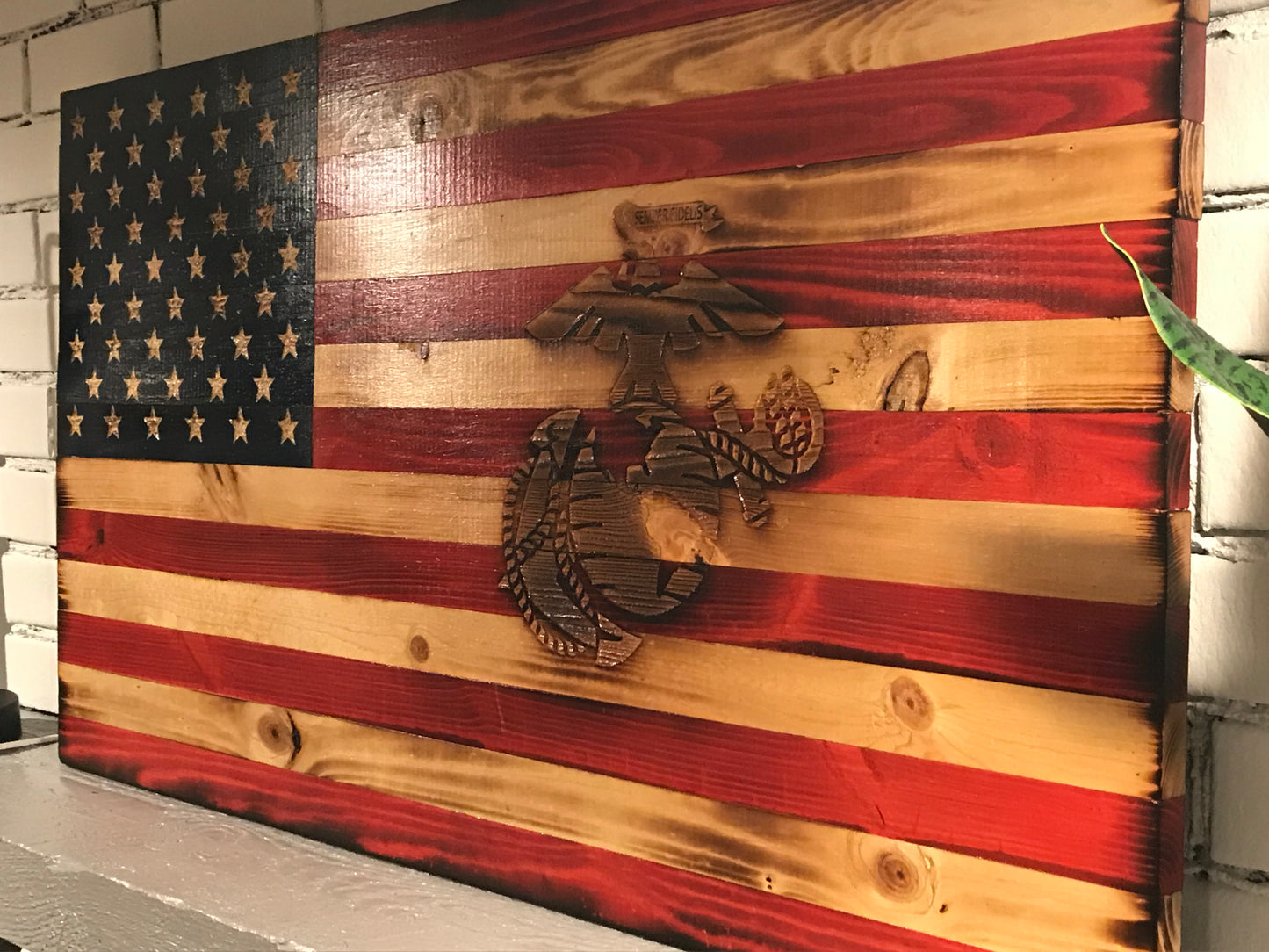 Special American Wooden Flag Marine Corps Emblem Charred Rustic Decor