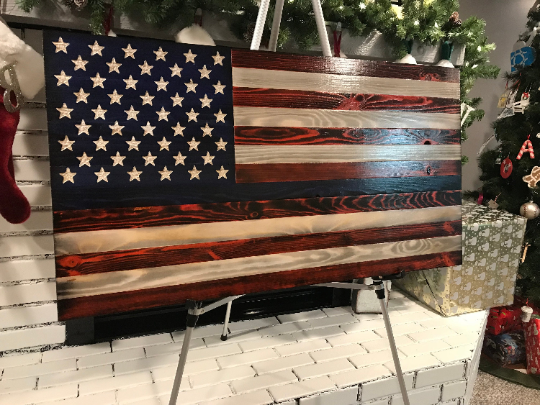 Unique Rustic Thin Blue Line Red, White and Blue Wooden American Flag, Subdued American Flag